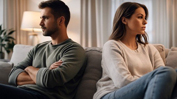 Amara Wisen Books 7 A thoughtful couple sitting apart on a couch, reflecting quietly, representing relationship challenges and the decision to take steps toward positive change.
