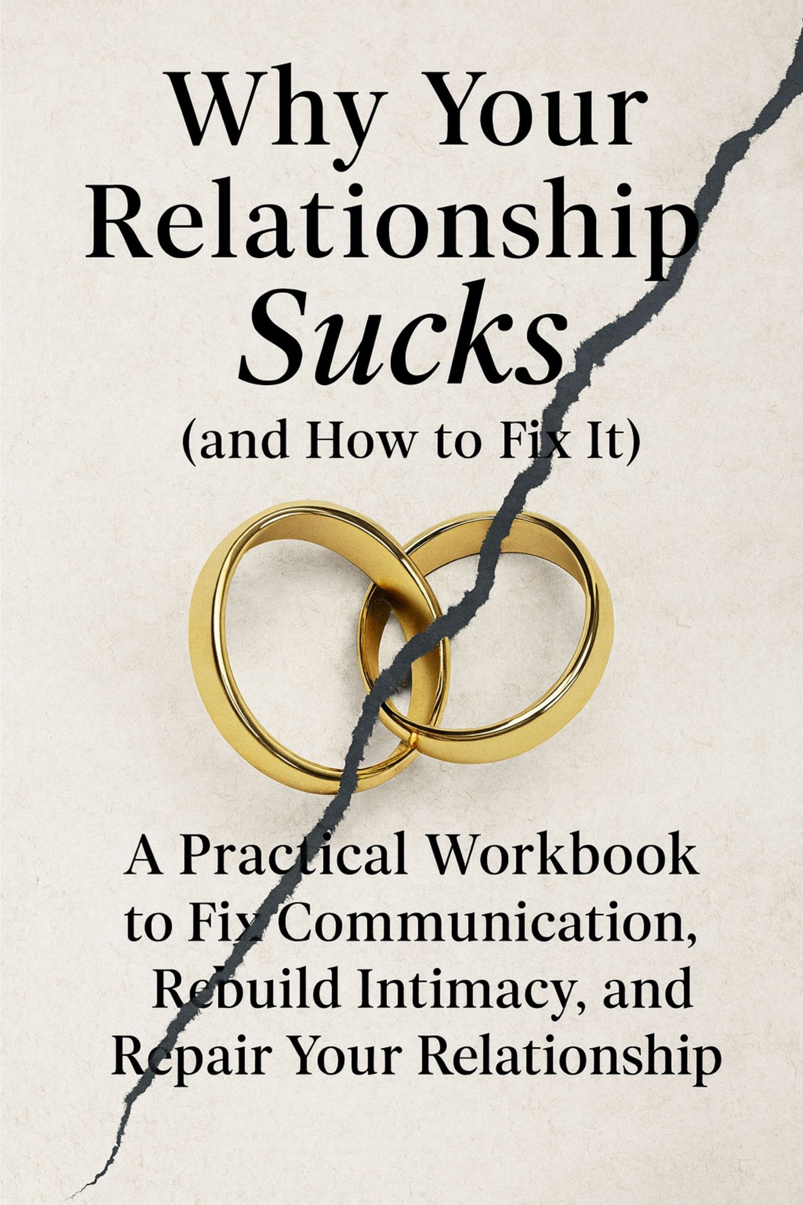Book cover of “Why Your Relationship Sucks (and How to Fix It)” featuring two cracked wedding rings symbolizing relationship conflict and repair